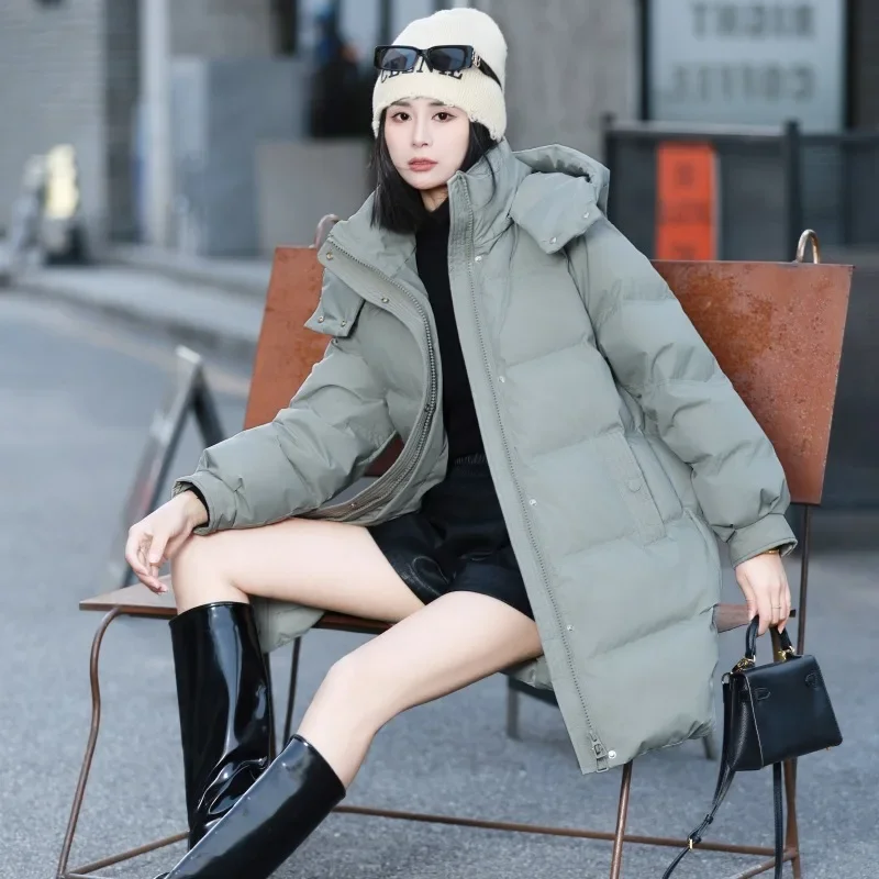 New Women\'s Winter Coats 90%White Duck Down Warm Mid-length Down Jacket Loose Fashion Hooded Collar Puffer Jacket Thickened Coat