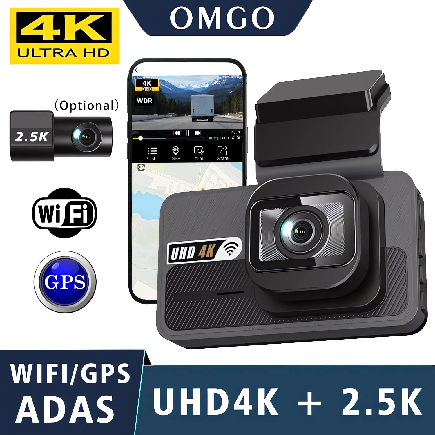 

Видеорегистратор 4K + 2,5K, WIFI ADAS, GPS, автомобильный видеорегистратор, камера с двумя объективами, видеорегистратор, регистратор, черный ящик, AI, помощь водителя