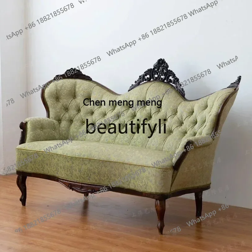 

D178 American solid wood sofa retro old carved fabric casual double three light luxury studio living room