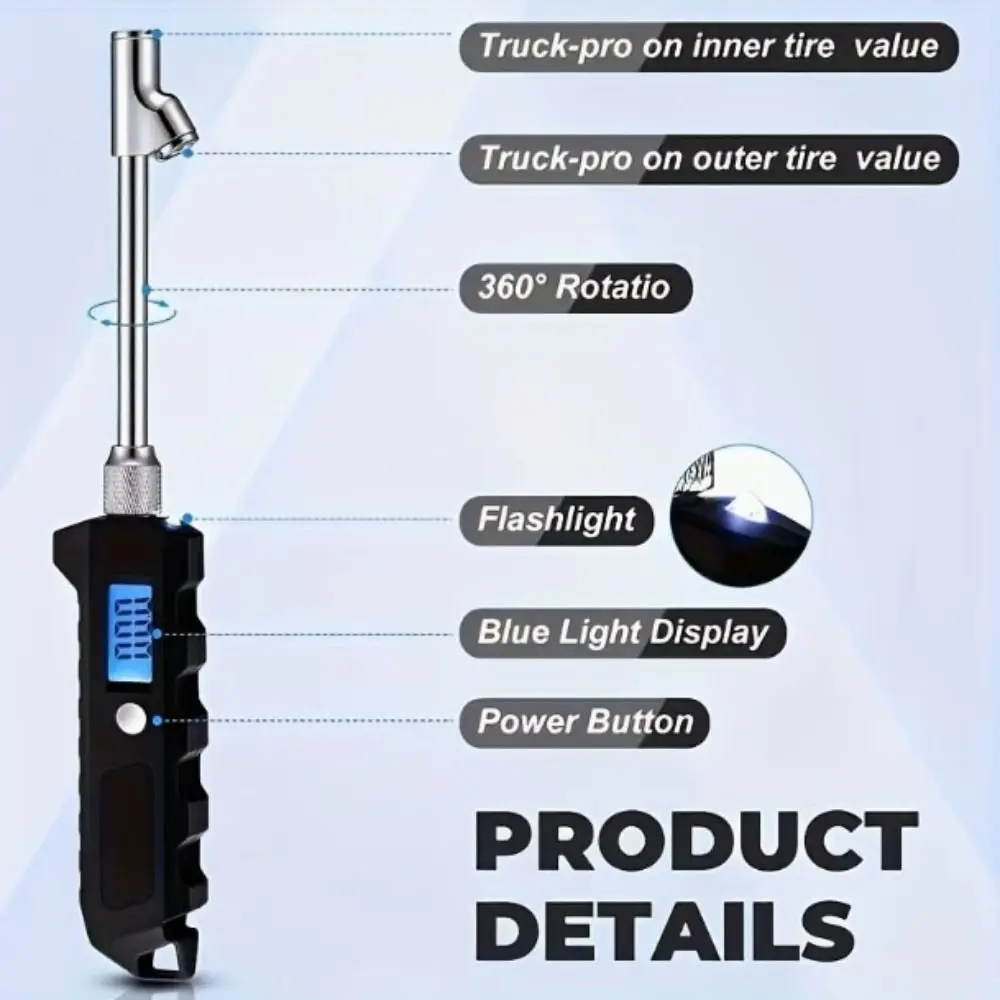 Digital Truck Tire Pressure Gauge – Stainless Steel LCD Tire Pressure Tester with Blue Backlit Display for Cars, Trucks & SUVs 2