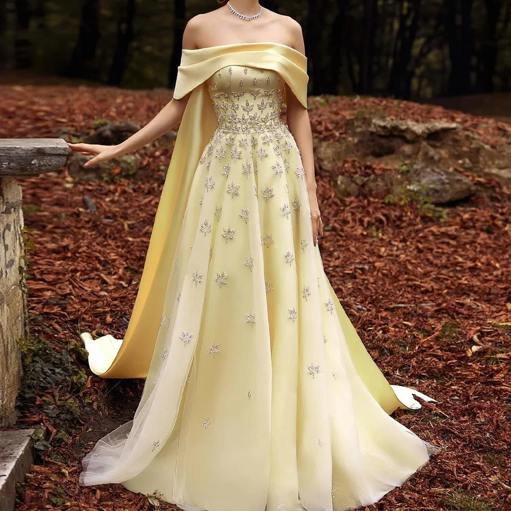 luxury and Exquisite Beading Crystal Yellow Satin Evening Dress Elegant Strapless Off the Shoulder Watteau Train Sleeveless Gown