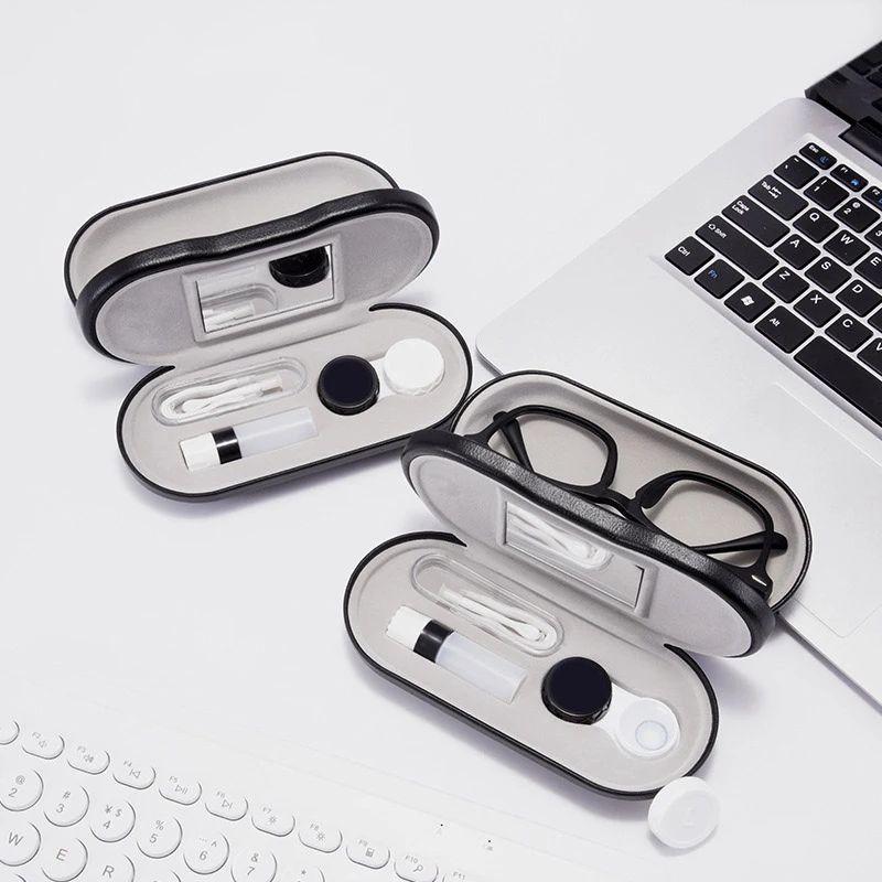 New 2 In 1 Double Layer Glasses Box Contact Lens Case Men Women Creative Dual Use Glasses Case Eyewear Leather Box Unisex Gift