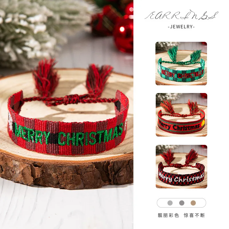 Christmas Red and Green Fabric Tassel Bracelet for Women Hand Woven Embroidery Bracelet Wrist Strap