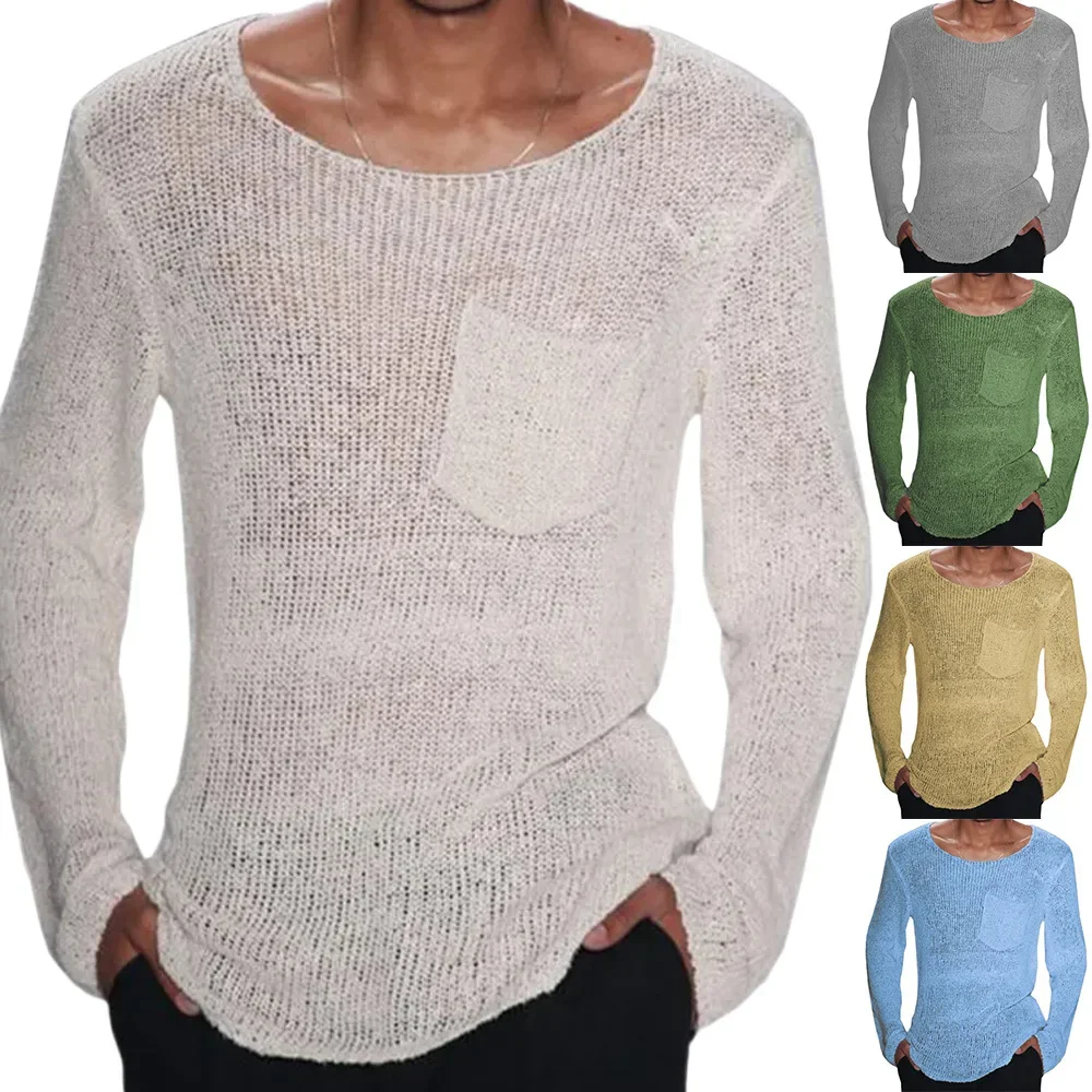 2023 Spring New Knitwear Men\'s Solid Color Long-sleeve Pocket Knitted Sweater T Shirts Streetwear Men\'s Fashion Tops