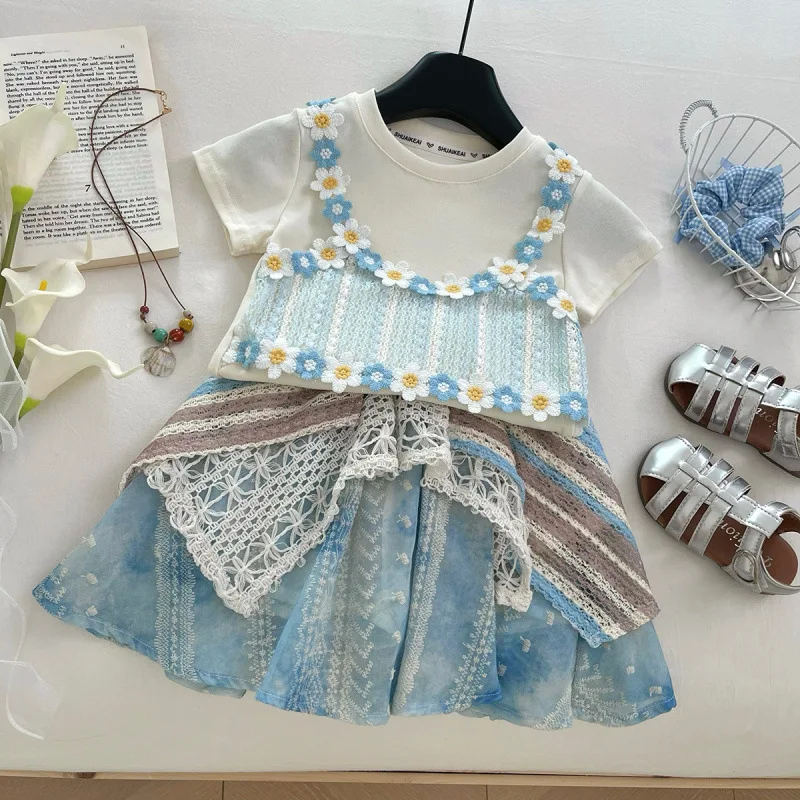 

Children's Outfit Dress New Summer Korean Style Girl Short Sleeve Floral Dress Bohemian Style Refreshing Two-Piece Set