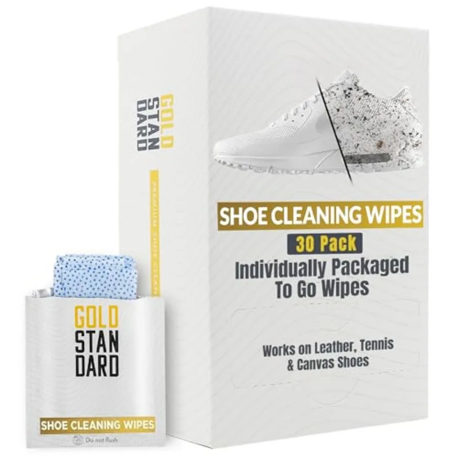 

Gold Standard Quick Shoe Cleaning Wipes - Dual Textured Individually Wrapped Sneaker Cleaner Wipes Remove Dirt and Stains