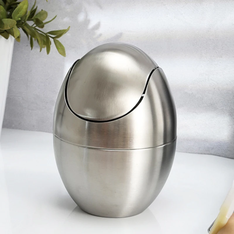 

304 Stainless Steel Egg Shape Trash Can Simple Household Nordic Shake Lid Bedroom Paper Basket Small Coffee Table Storage Bucket