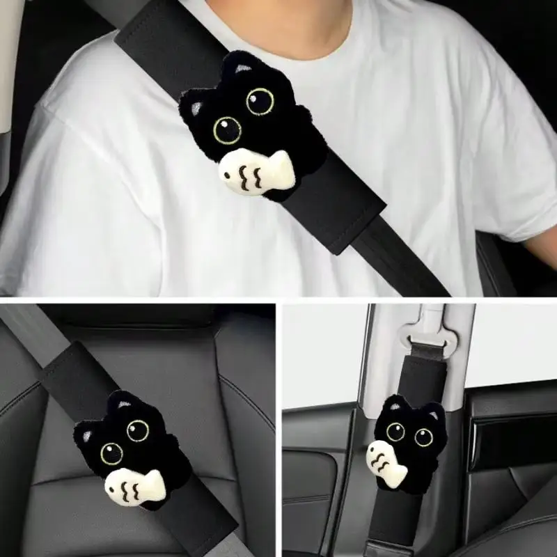 Cute Car Shoulder Protector Pad 1PC Black Cat & Fish Decor Elegant Creative Non-Slip Auto Accessory for Cat Owners Drivers