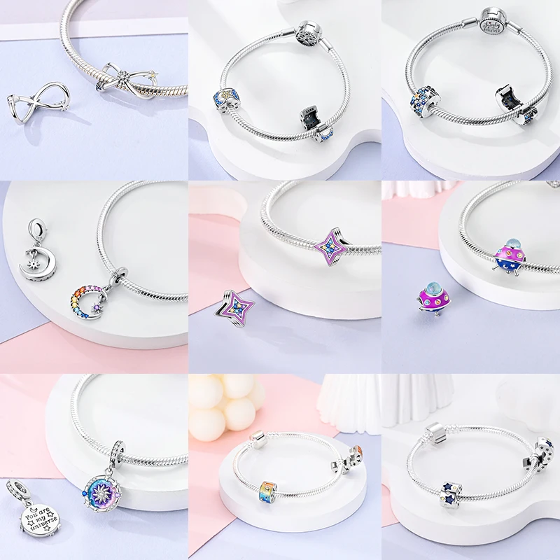 925 Sterling Silber Sonne Sternenhimmel Charms Serie Gold Sonne Sterne Mond Anhänger Passend für Armband DIY Schmuck Original Mode für Frauen – Detail 5