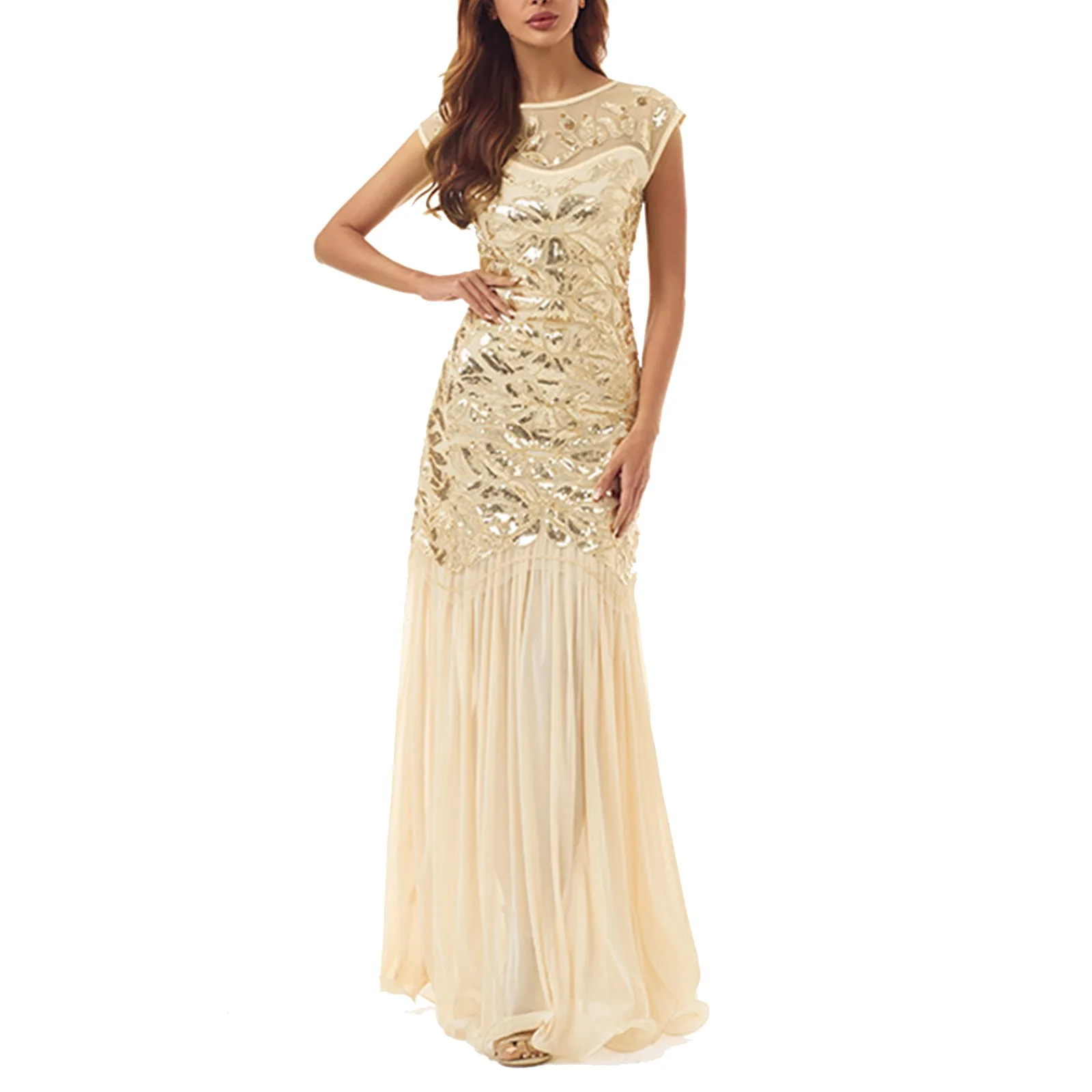 

Women'S Beaded Mesh Sequin Evening Dress European And American Wedding Dress Long Round Neck Sleeveless Slim-Fit Dress