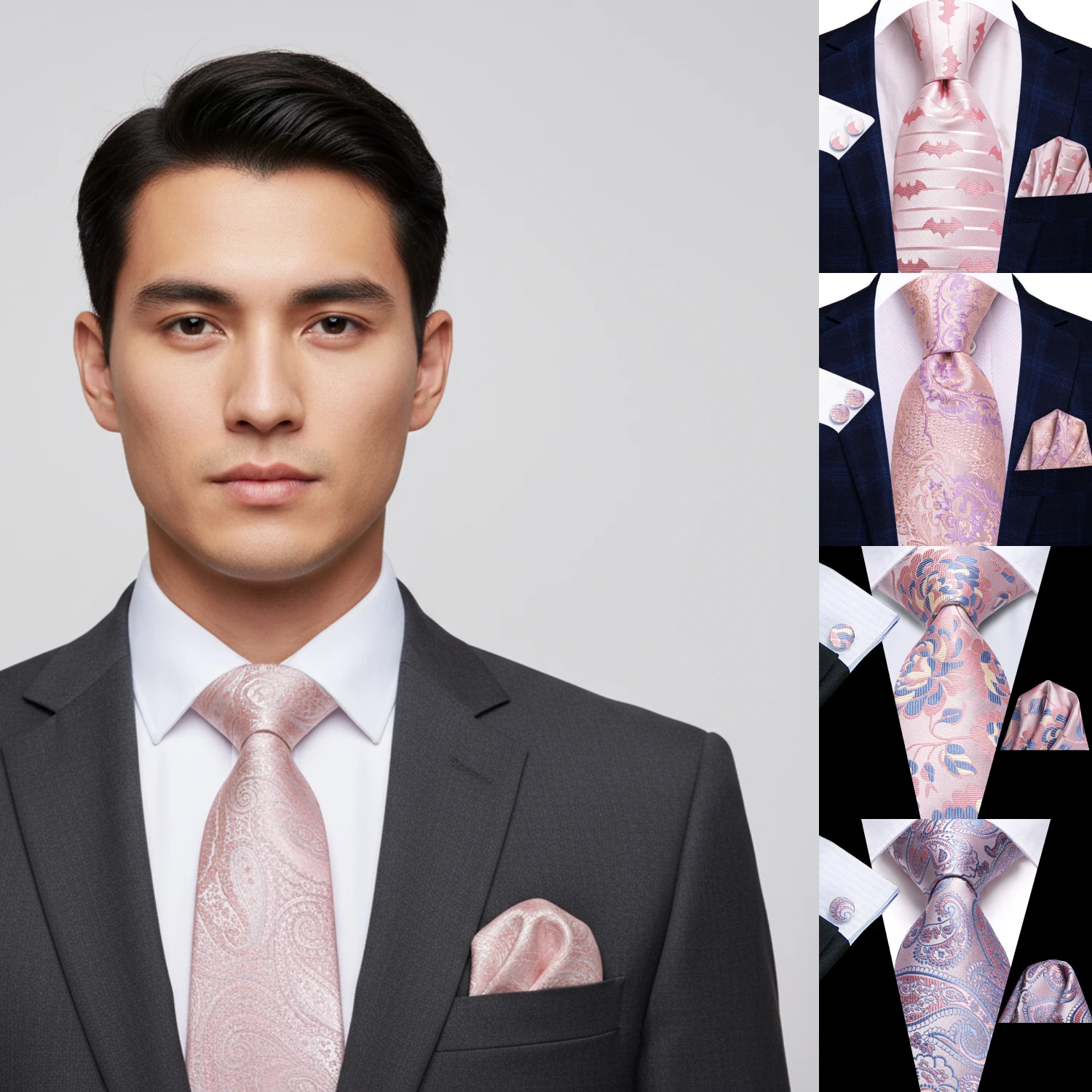 3pcs Mens Tie Pink Floral Stripes Solid Paisley Necktie Pocket Square Cufflinks Set Wedding Formal Casual Wedding silk