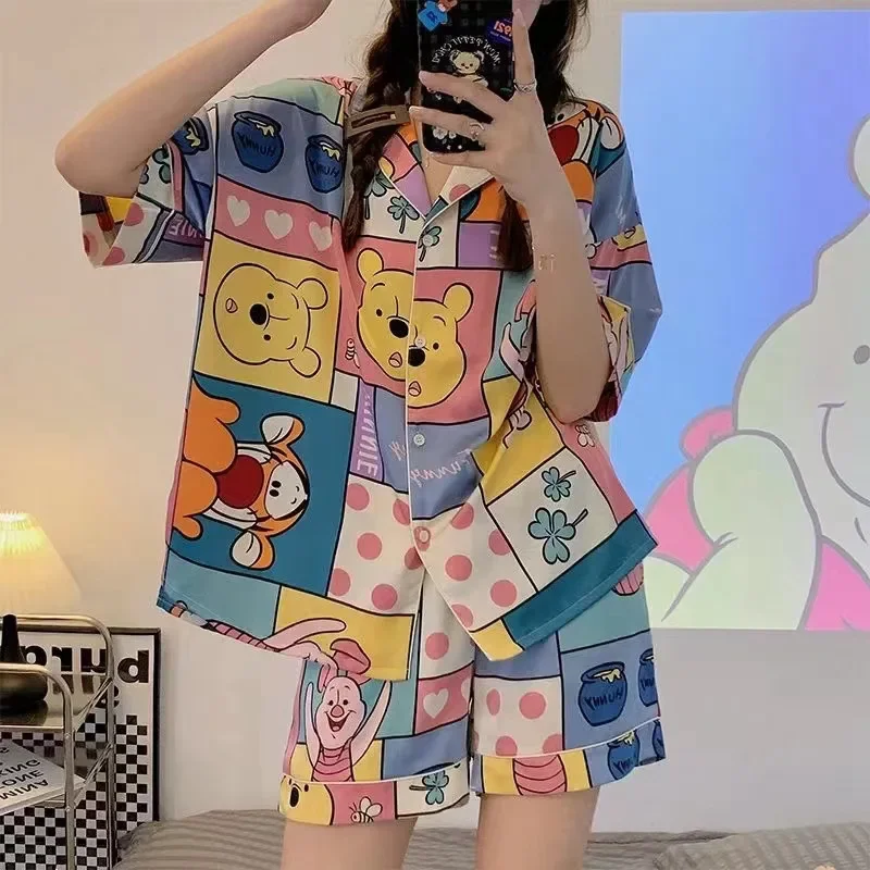 Disney kubuś puchatek piżamy letnie kobiety krótki rękaw szorty piżamy piżamy Cartoon sweter druku luźne dorywczo Loungewear zestaw