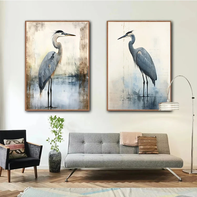 Watercolor Retro Blue Heron Minimalist Marsh Bird Art Posters Canvas Painting Wall Art Prints Pictures Coastal Room Home Decor