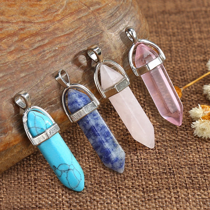 Natural Stone Pendants Necklaces Healing Crystal Hexagonal Quartz Fluorite Drop Bullet Pendulum Neck Chain Chakra Jewelry Gift