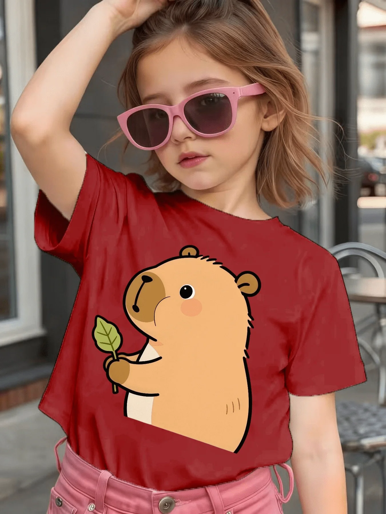 Cute Capybara Holding Leaf Cartoon Graphic Kids Tee Boys Girls Family Matching Cotton Crew Neck Short Sleeve Soft Summer Tee