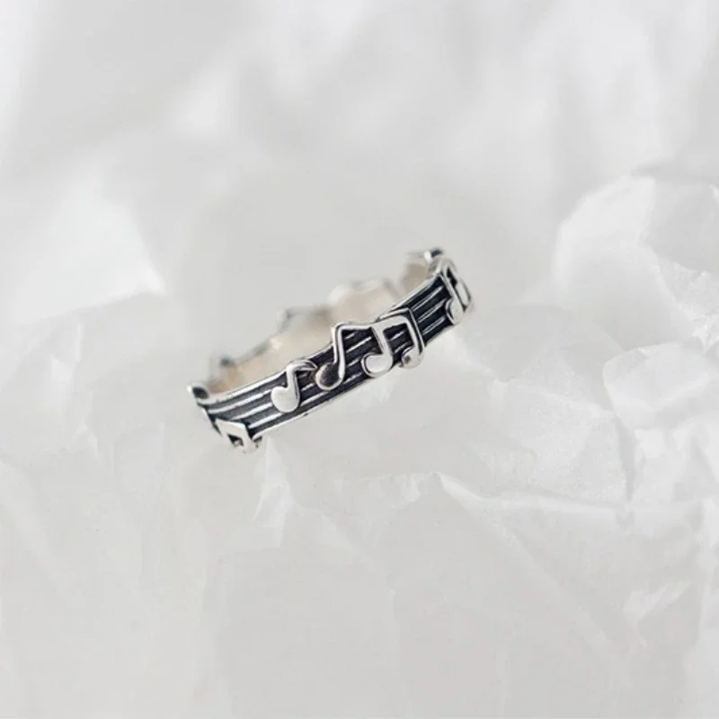 Vintage Thai Silver Note Five-line Music Score Ring for Women Girls Fashion Personality Party Accessories 2024 Trend New Jewelry