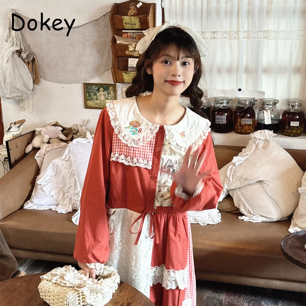 Sweet Vintage Embroidery Plaid Dress Women Autumn Mori Girl Doll Collar Long Sleeve Thick Lolita Dress Loose Kawaii Midi Vestido