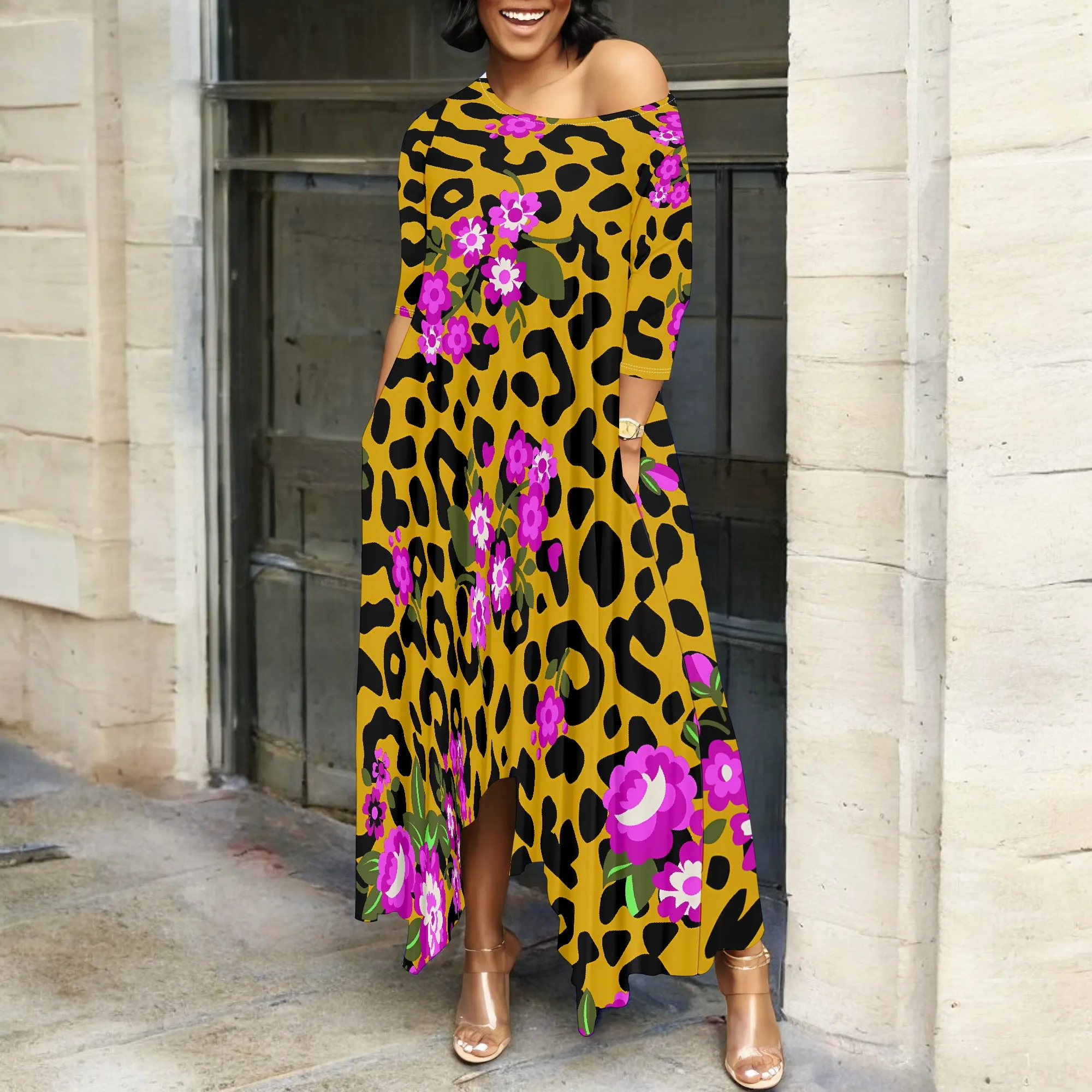 Nupusa Floral Leopard Print Dress for Women Standard Size Summer Casual Off - Shoulder Half Sleeve Maxi Dress