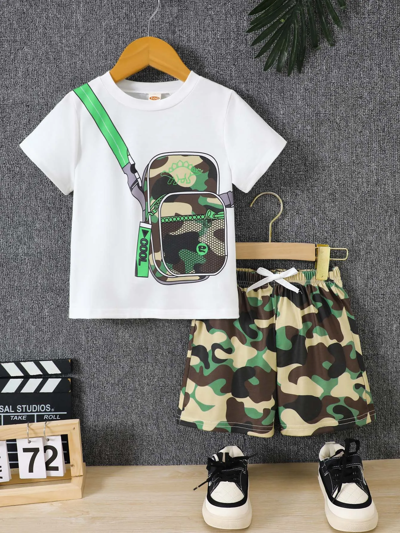 Boys Summer Clothing Set 2Pcs Breathable Fake Bag Print Short Sleeve T-Shirt and Camouflage Shorts Kids Casual Tracksuit Outfits