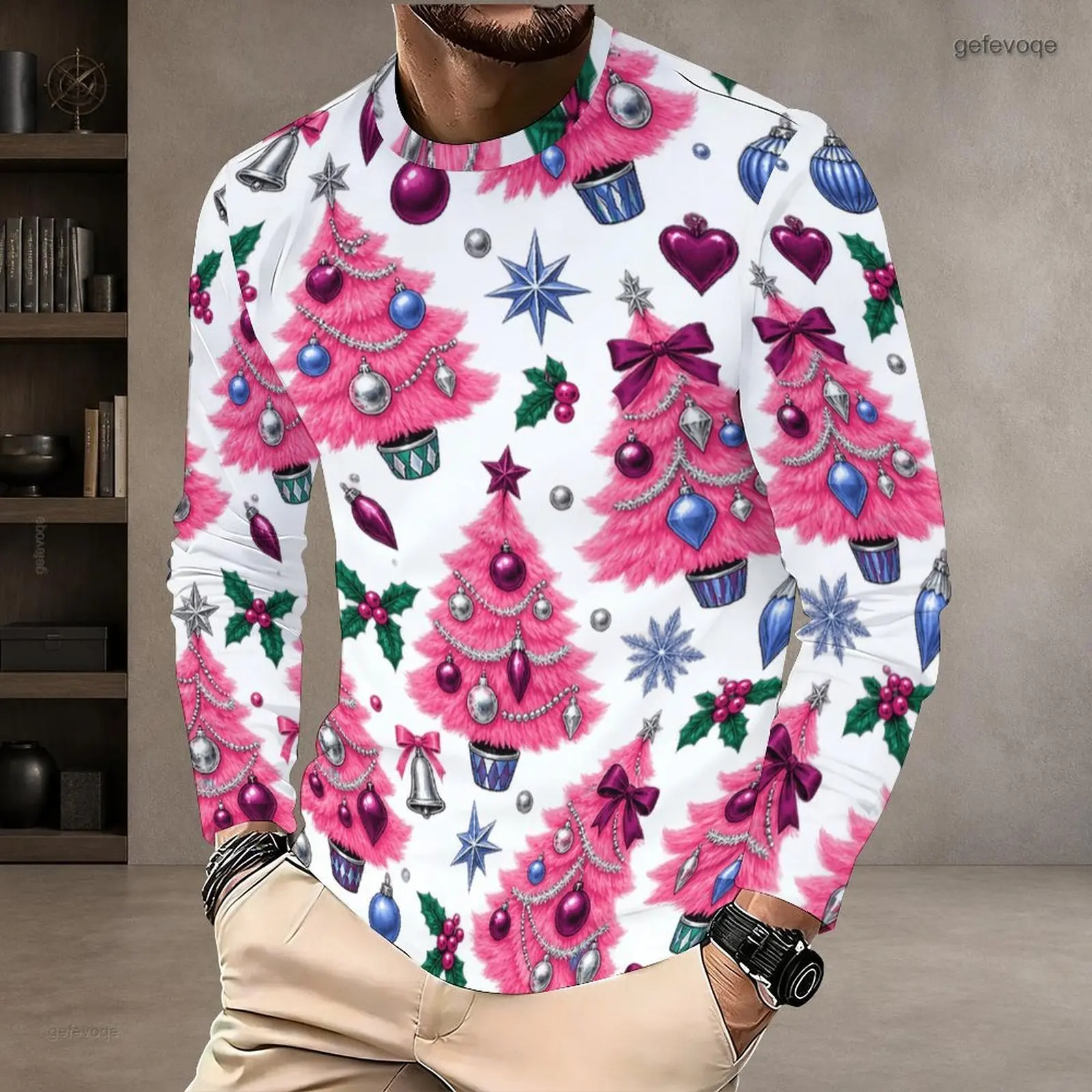 Men Round Neck Long Sleeve T-Shirt, Printed Wicker Baskets Knit Hats Scarves Pine Holly Pattern Pullover Top