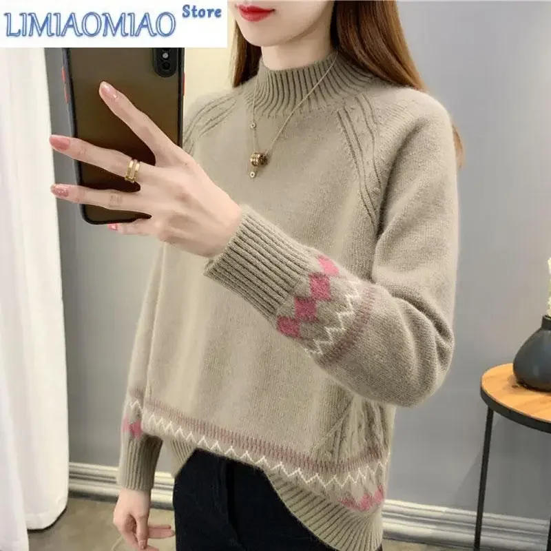 

New Autumn and Winter Fashion Trend Half High Neck Jacquard Versatile Loose Wave Fashionable Leisure Age Reducing Women's Sweate