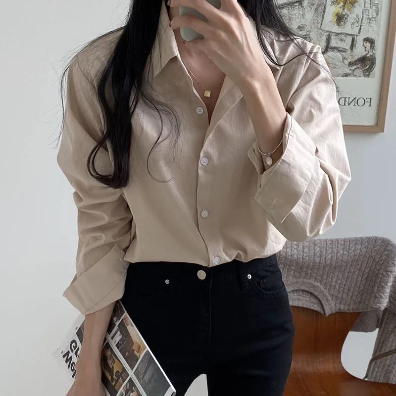 Csa informal hoada de manga larga para mujer, Top con botones, corte recto coreano, estilo básico, Color caramelo, prima...