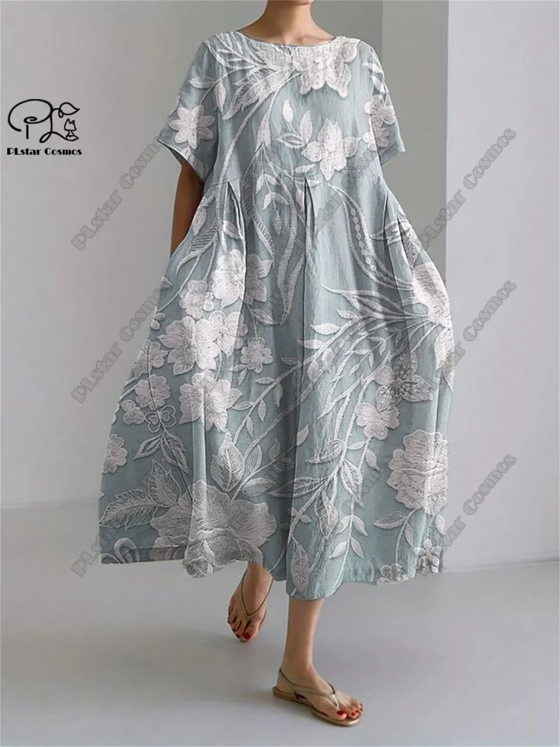 

PLstar Cosmos 3D Printed Retro Floral Women's Short Sleeve Round Neck Dress Summer Casual Vacation Style Street Series 10