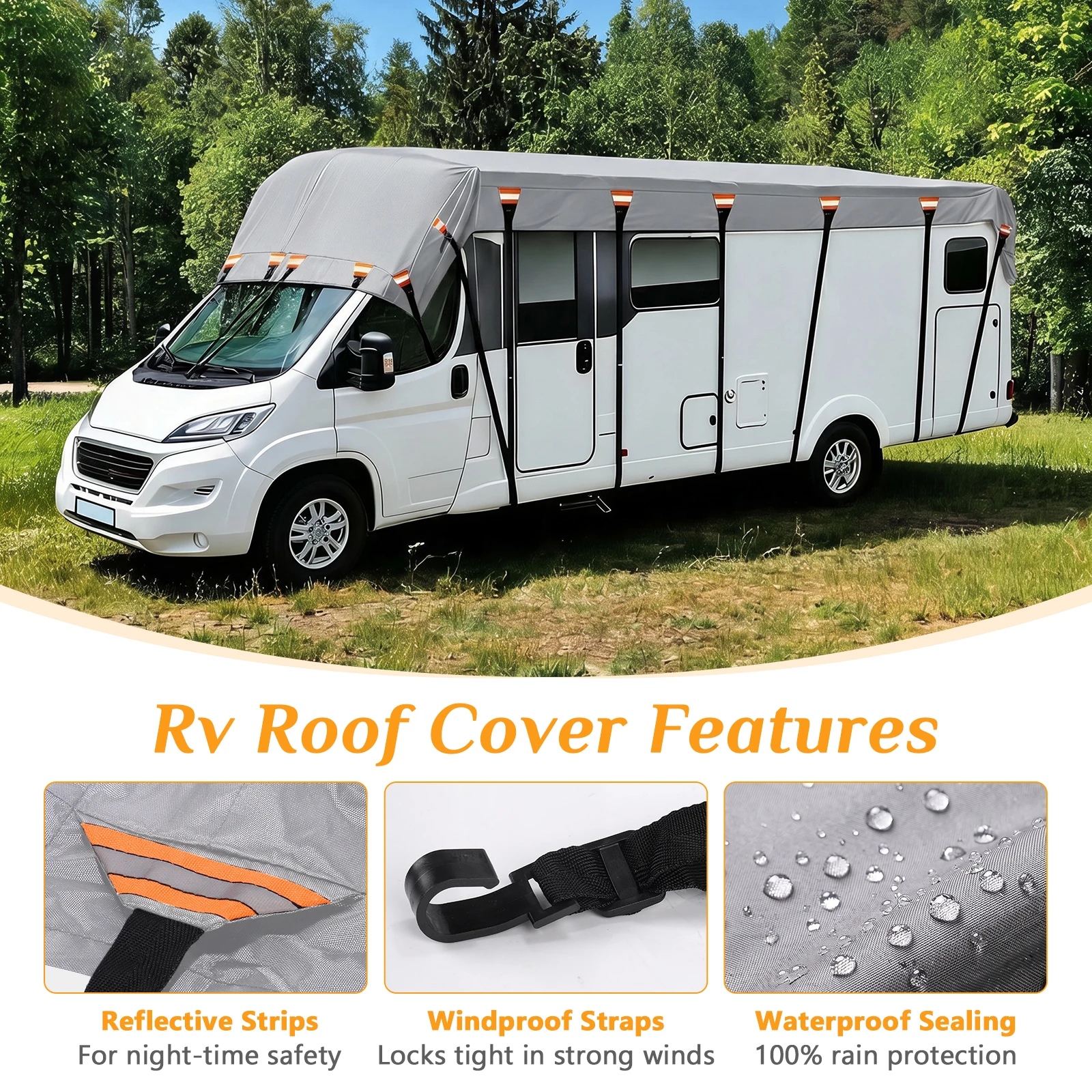 Verbesserte RV-Dachabdeckung mit verstellbarer Gurt-Schnalle, 3000PA wasserdichte Wohnmobil-Abdeckung, 210D Oxford-Gewebe, reflektierende Sicherheitsverstärkungspunkte, UV-beständig, staubdicht,