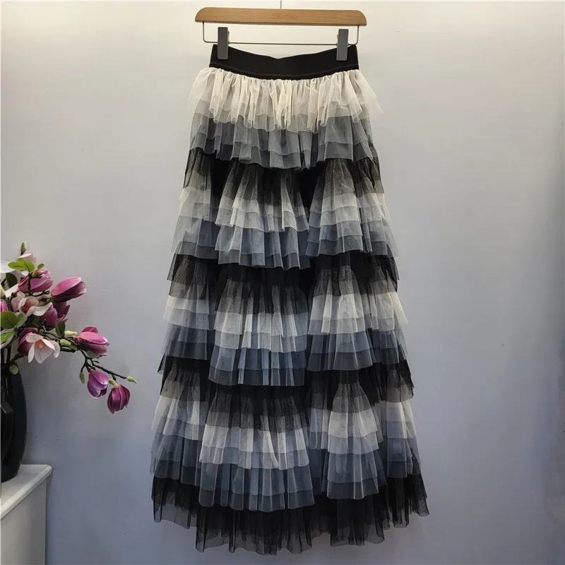 HKSH Autumn New Women's Skirt Elastic Waisted Contrast Color Multi-layered Ruffled Pleated A-line Sweet Ins Puffy Skirts HK15385