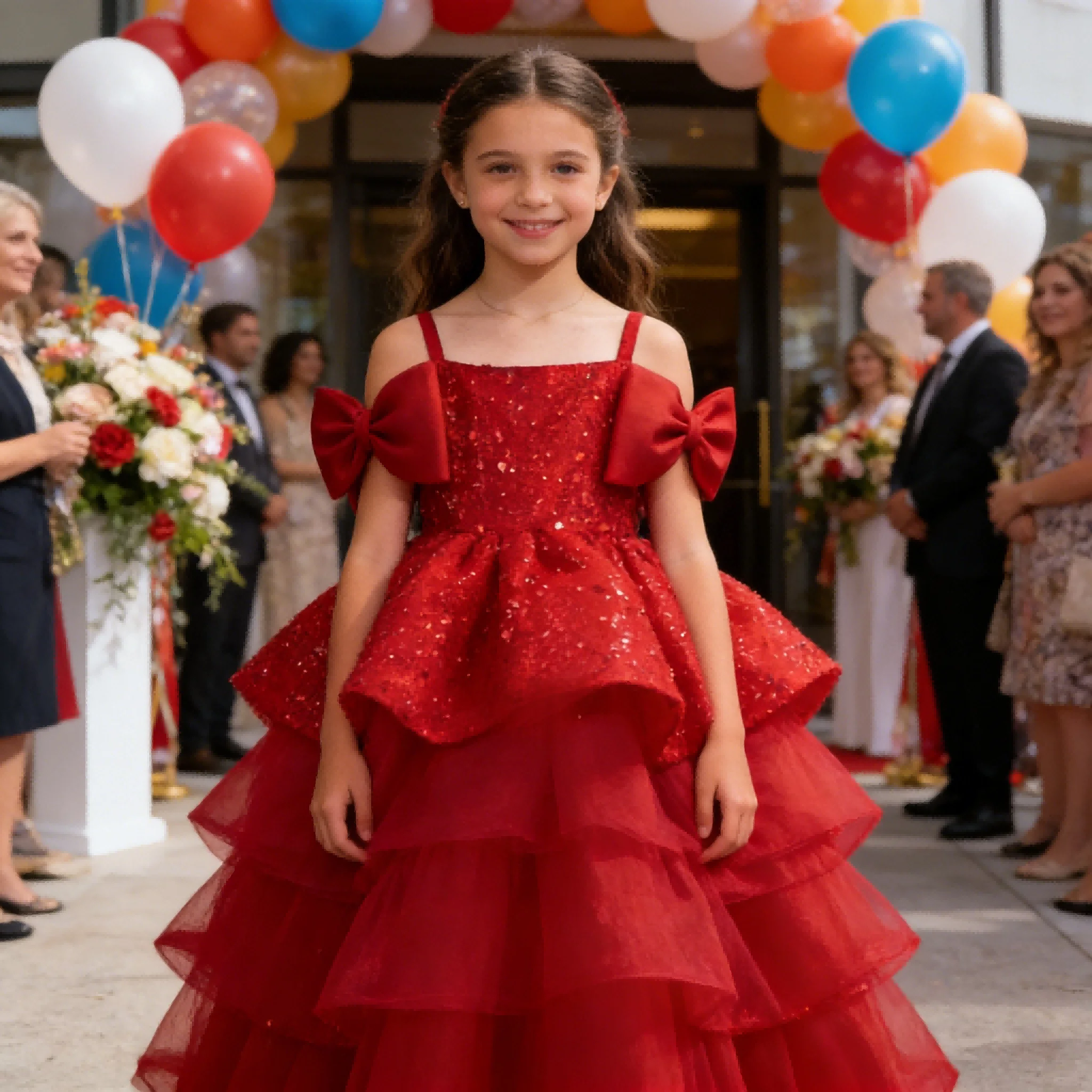 New Children Girls Red Sequin Party Dress Puffy Tulle Princess Celebration Pageant Formal Wear Gown for Kids Birthday Christmas