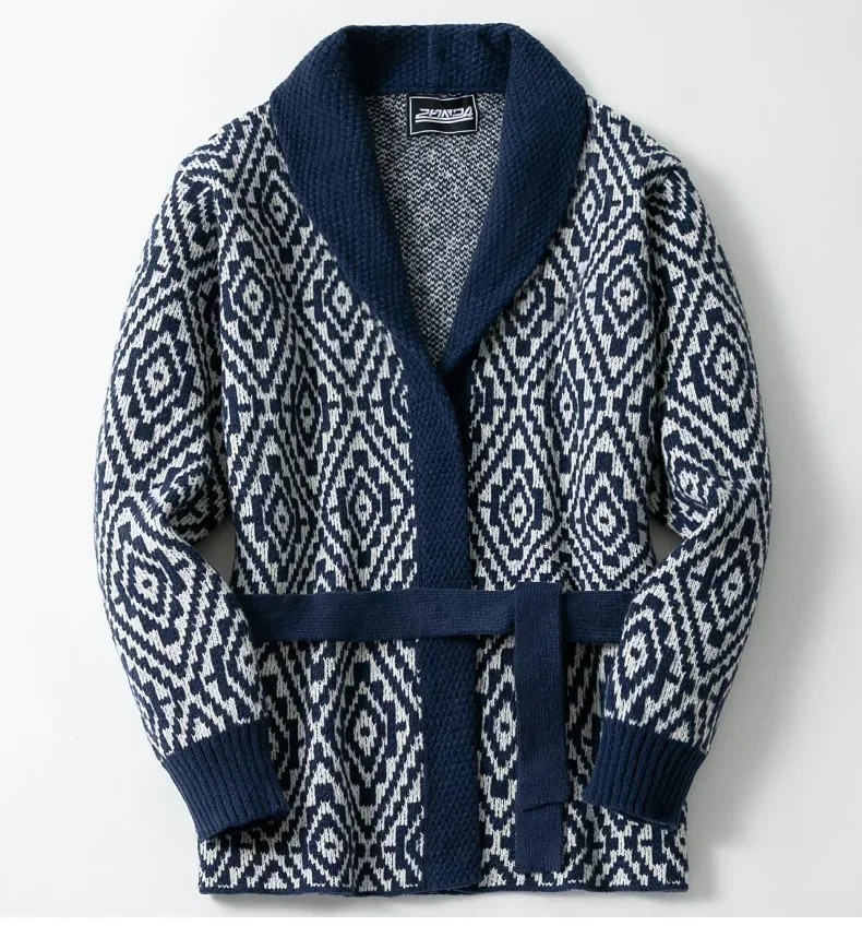 

Men Cardigan Mid Length Open Stitch Sweaters Coat Turn Down Collar Full Sleeve Lace Up Belt Knit Thick Coats Autumn Winte 2025