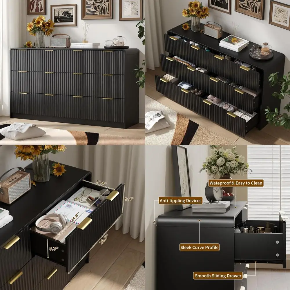 Elegant 55-inch Fluted Double Dresser with Gold Handles for Modern Bedroom Storage