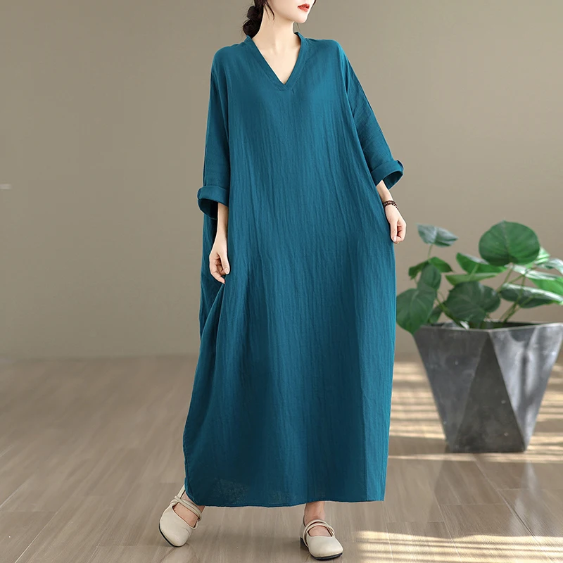 Vestido Longo Retro de Aodão e Linho com Estampa Floral em Cores Sólidas para Viagem, Estilo de Férias, Decote em V, Disfar...