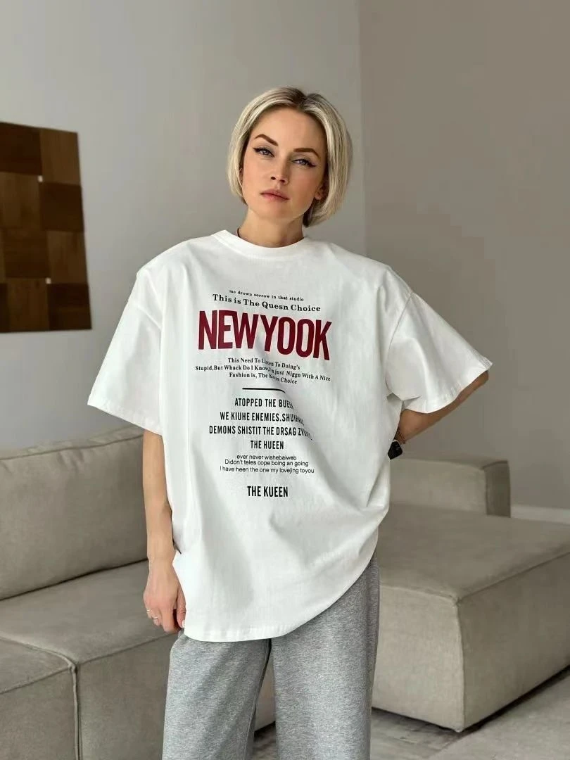 Faionable décontracté ample rond Ne imprimé ort Sve T-irt femmes haut coton respirant été absorbant la sueur