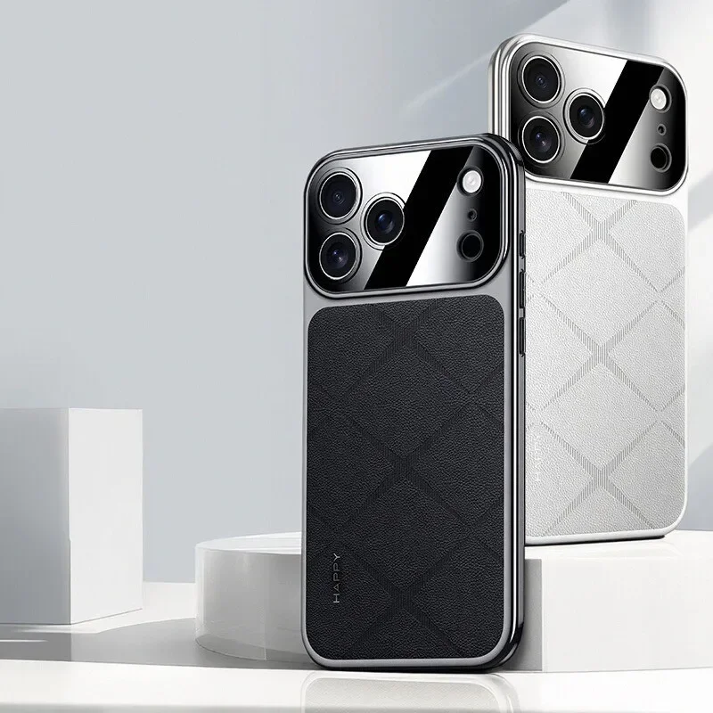 

Luxury Plaid Texture Vegan Leather Case For iPhone 17 Air Pro Max Cover All-inclusive Ceramic Electroplating Trendy Shell