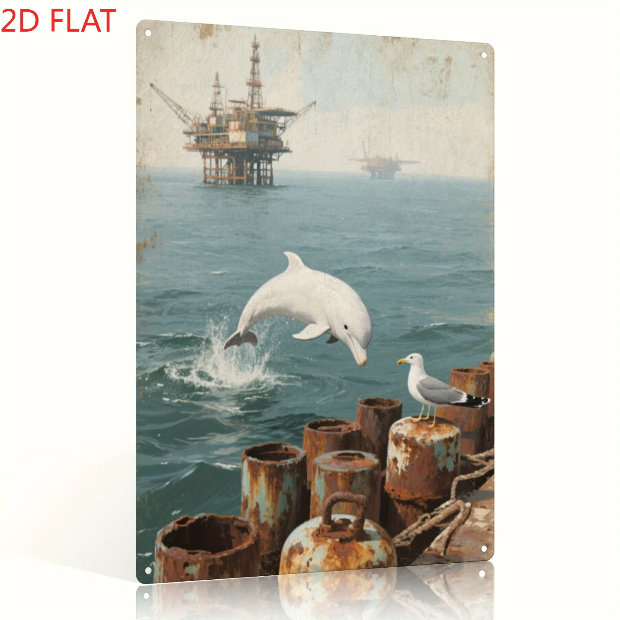 Industrial Maritime Metal Wall Decor - Dolphins & Seagulls Ocean Pier Scene - Retro Metal Iron Decoration for Living Room, Bar,