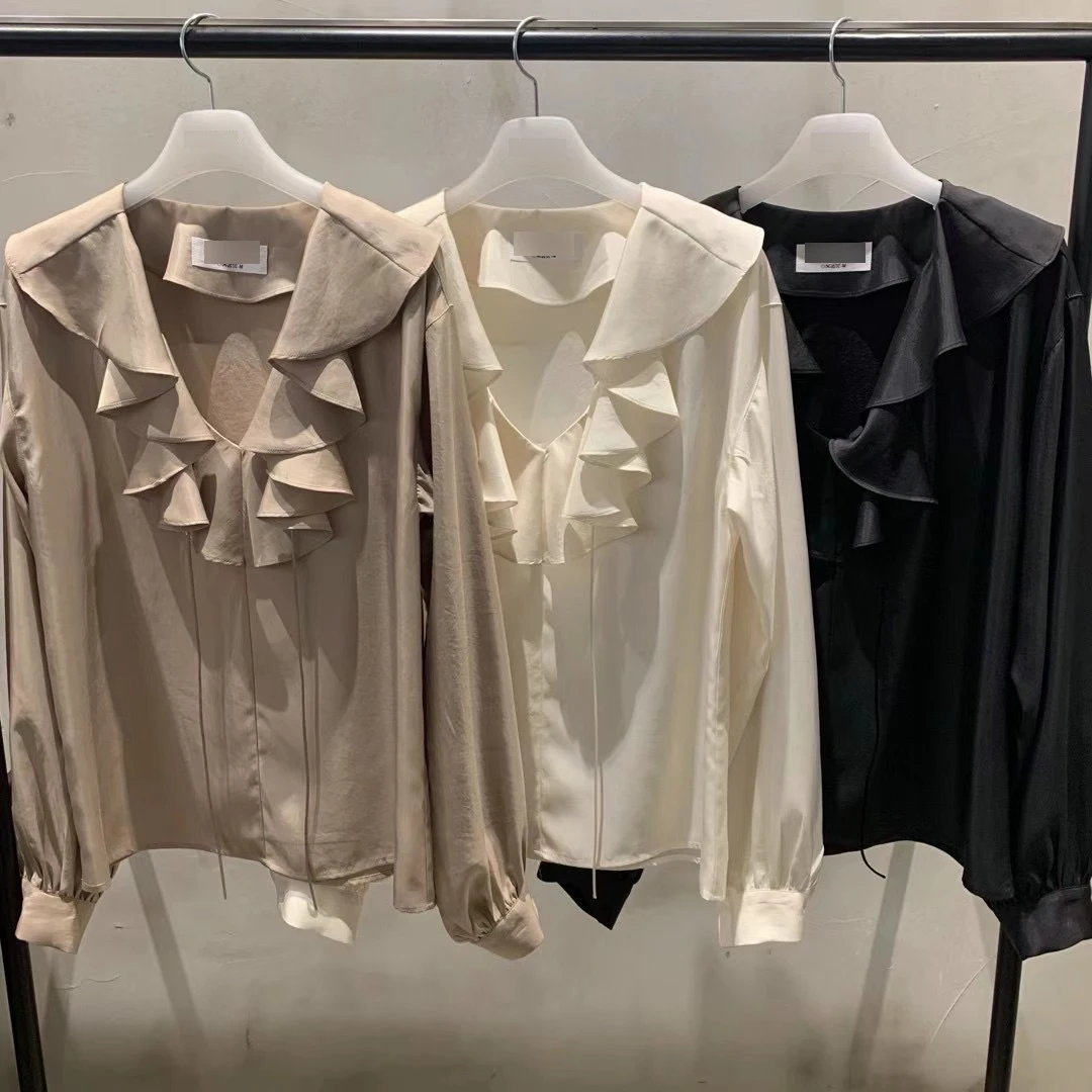 

Ele Women's irt Korean Dongdaemun V-ne Bell Sve Lace Trim Belted Spring Faion Long Sve French Sle Pure Color