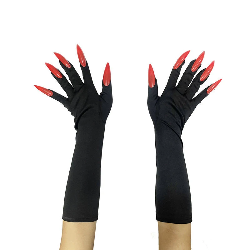 1Pair Long Nail Gloves Halloween Cosplay Ghost Claw Gloves Fashionable Personality Solid Color Mittens Stage Performance Props