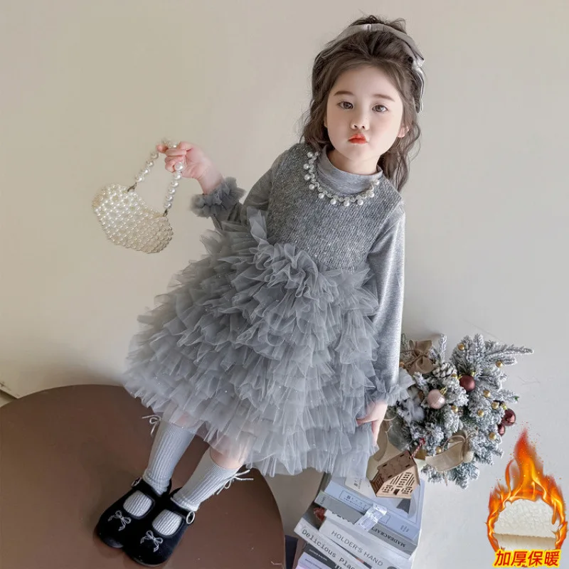 

Girls' Princess Dress Set Autumn Winter High-End Gray Base Shirt Sparkling Diamond Cake Dress Children's Birthday Outfit Two-Pie