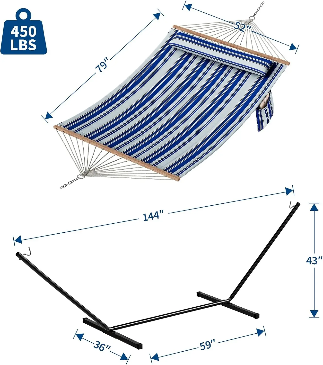 Two-Person Outdoor Hammock with Stand, 450 lb Weight Capacity, Balance Rope and Pillow Included