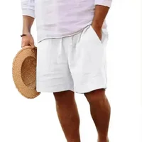 Cotton Linen Men's Shorts Summer Loose Fit Straight Leg Casual Solid Color Beach Pants Trendy 4