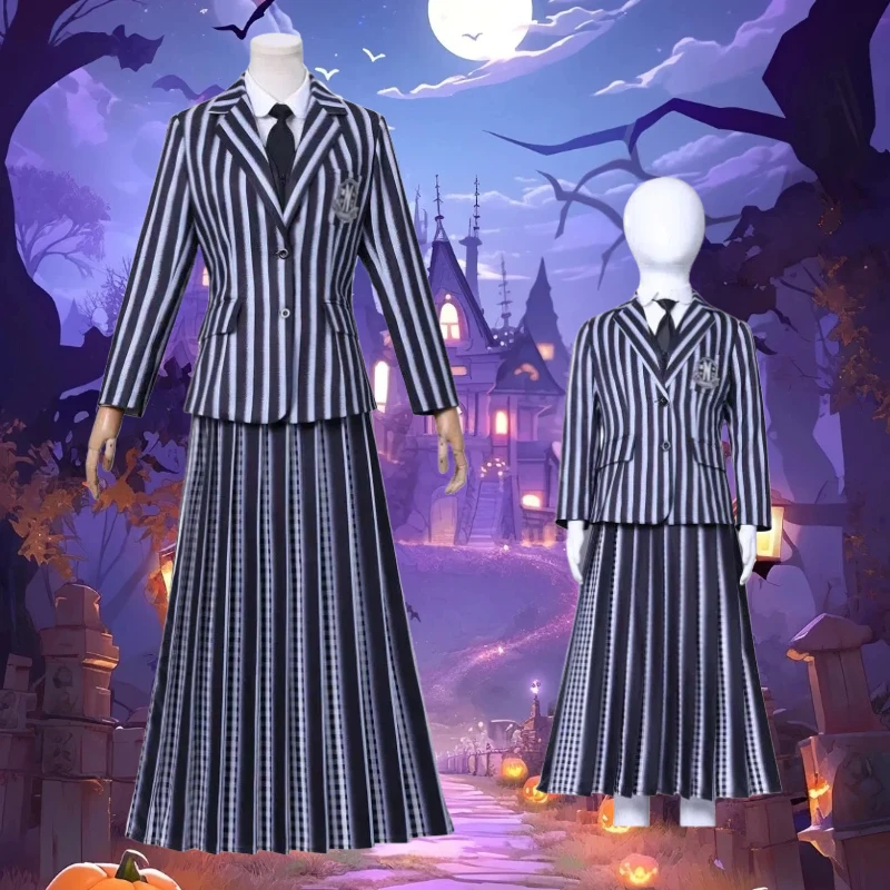 

Movie Halloween Cosplay Costume Gray Striped School Uniform Suit Wig Role Play Outfit for Women Theme Party for Women