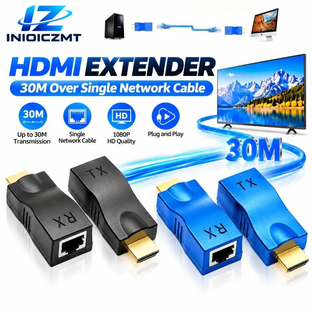 HDMI Extender 30M 1080P Over Single Network Cable CAT5e CAT6 RJ45 Ethernet Transmitter Receiver Adapter for HDTV PC Monitor