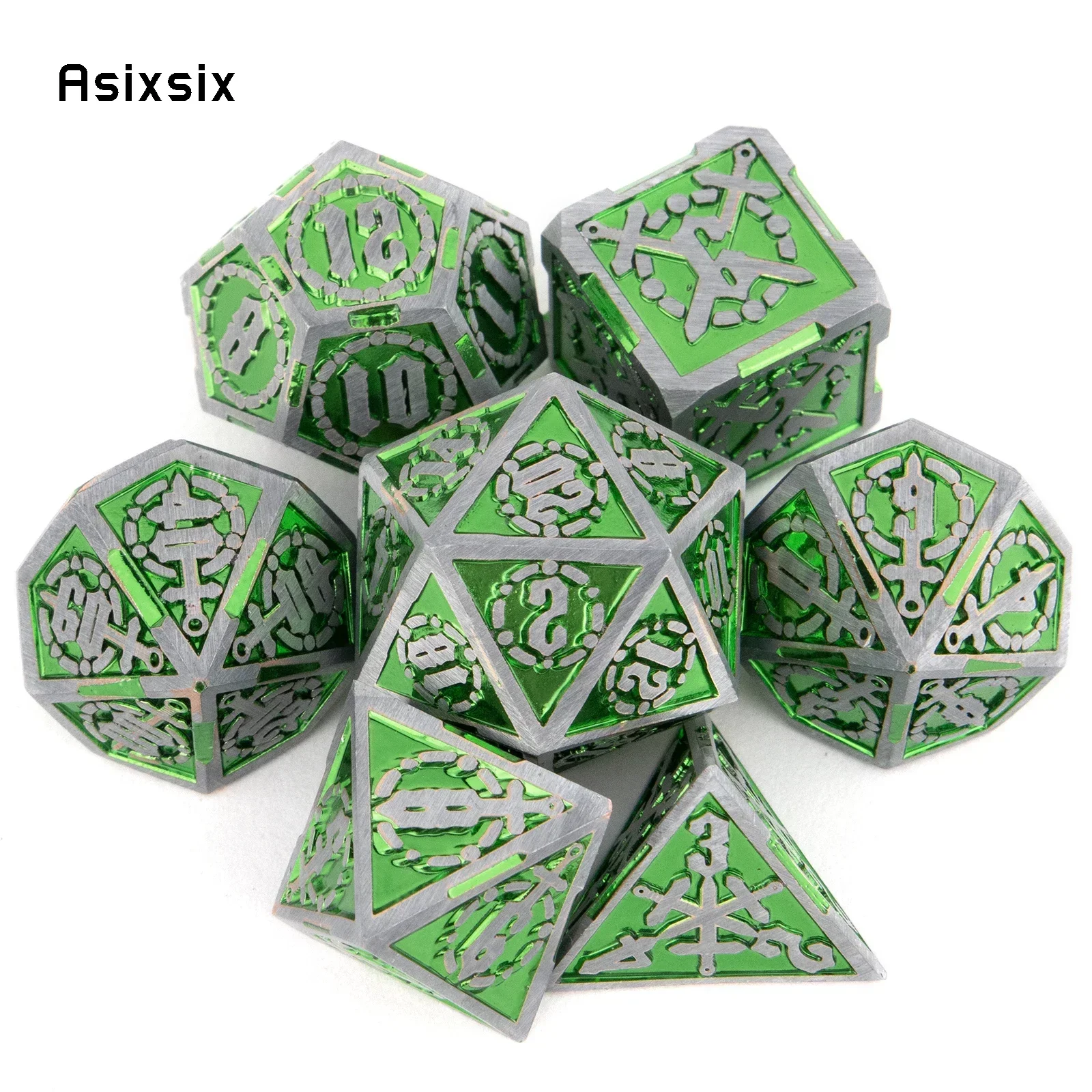 

7 Pcs Green Silver Double Swords Metal Dice Solid Polyhedral Dice Set Suitable for Role-Playing RPG Board Party Dice Prop
