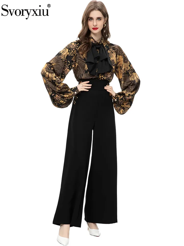 Svoryxiu Fashion Designer Autumn Floral Print Trousers Suit Women's Butterfly Stand Collar Lantern Sleeve Tops+Wide Leg Pants