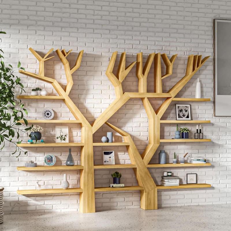 Simple and modern tree-shaped bookshelf, solid wood wall full wall display shelf, floor-to-ceiling creative multi-layer shelf