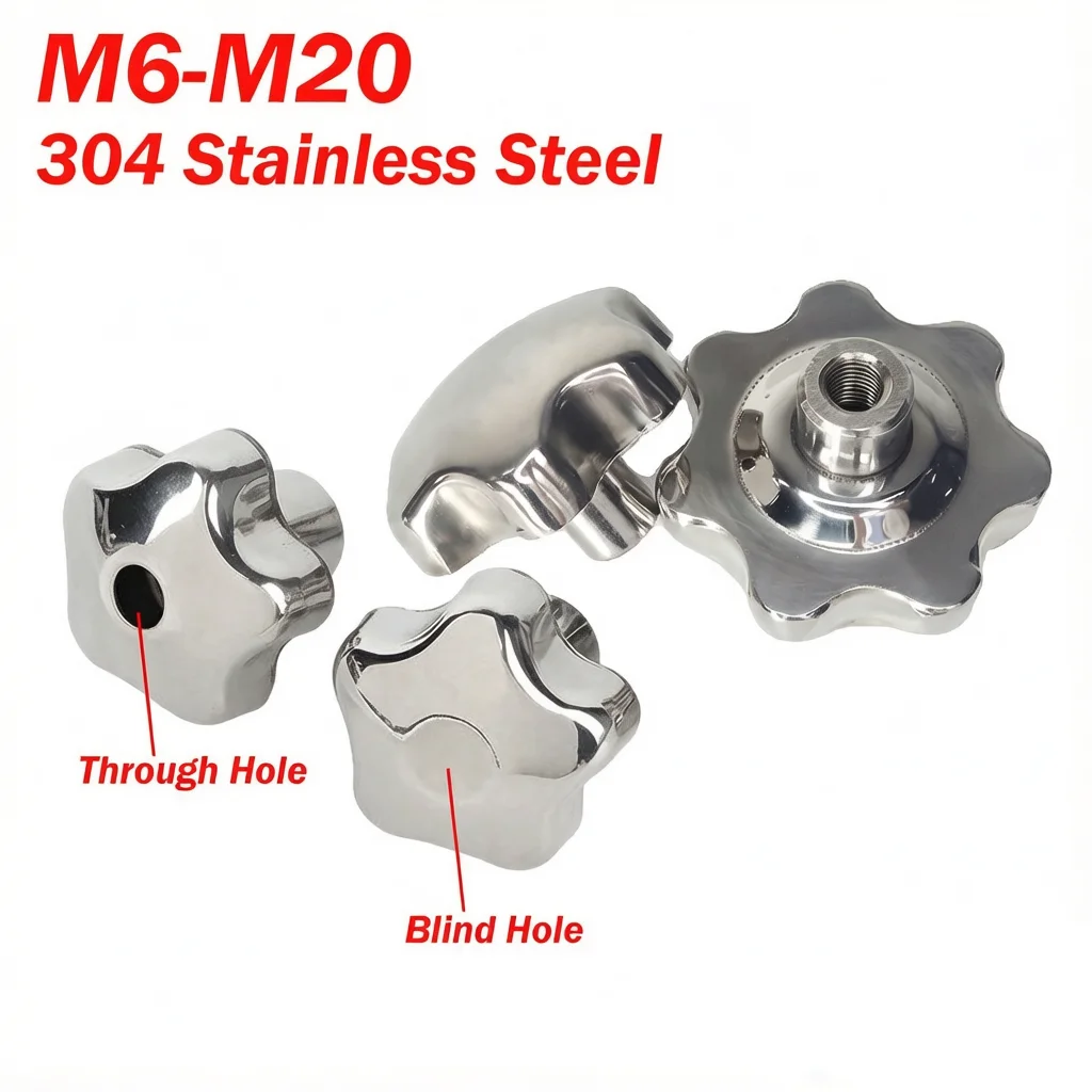 304 Stainless Steel Female Thread Star Knob Handles Star Shaped Clamping Nut M6 M8 M10 M12 M14 M16 M18 M20 Knobs Plum Hand Wheel