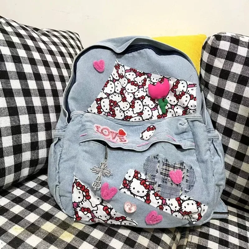 MBTI Vintage Hello Kitty Womens Backpack Denim Y2k Harajuku Fashion University Backpack Students Patchwork Female Aesthetic Bags