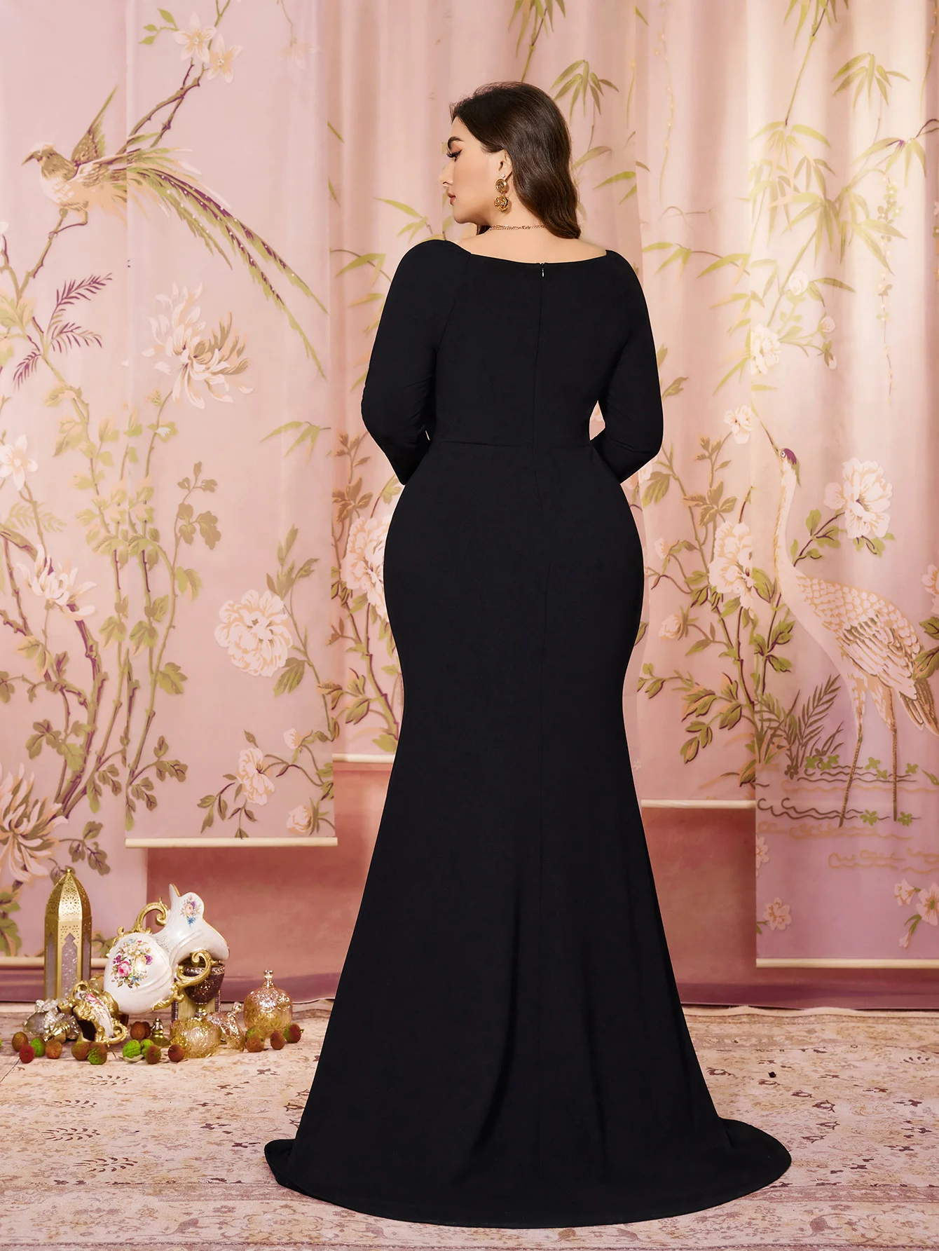 SUPGIR Plus Donna Scollo a V Manica lunga Ricamo con paillettes Vestibilità aderente Orlo a sirena Maglia Tela Temperamento Sera D