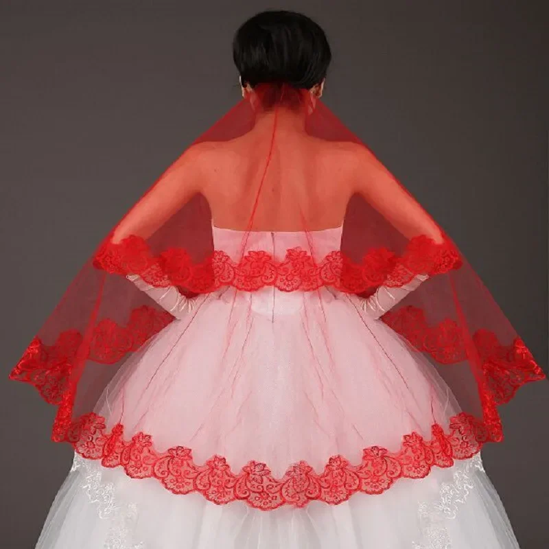 New Red Elegant Lace Edge Long Wedding Accessories Bride Bridal Veils